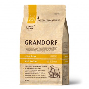 Grandorf низкозерновой корм с пробиотиками для взрослых и пожилых стерилизованных кошек, с чувствительным ЖКТ или склонных к аллергии, 4 вида мяса, 400 гр