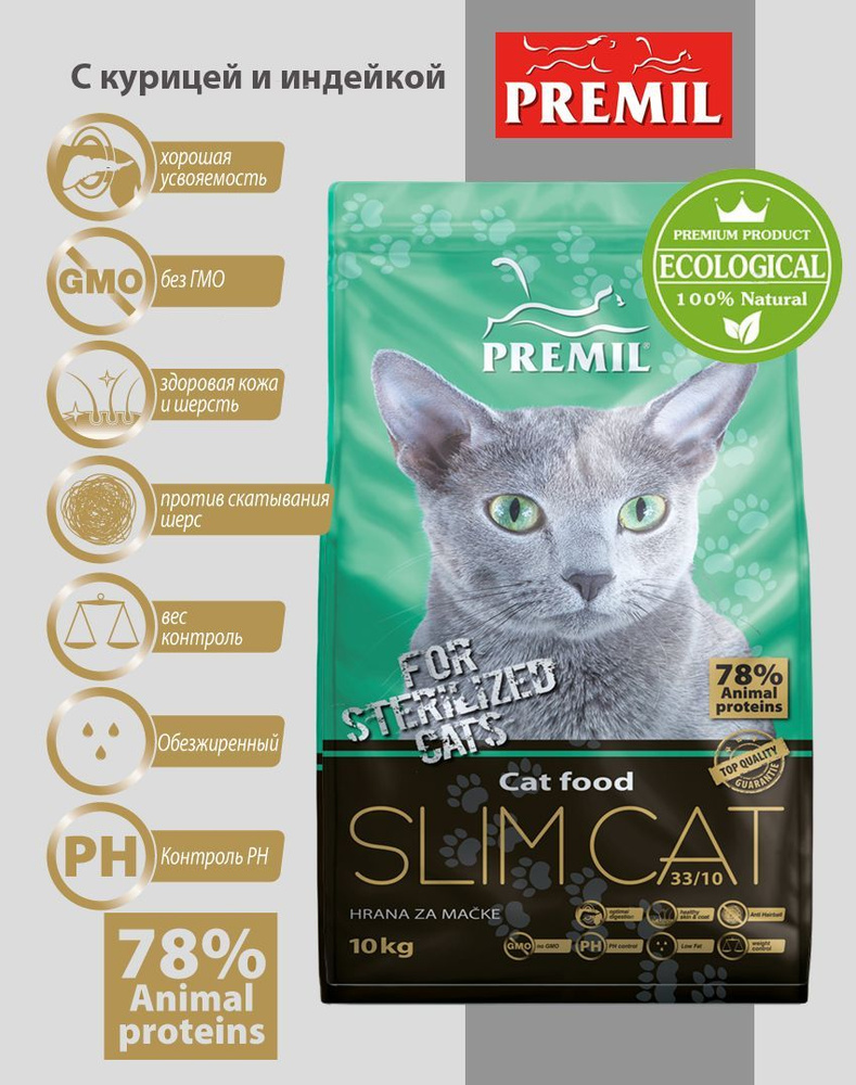 🥇4699 р. – Premil Slim Cat для стерилизованных кошек с мясом индейки и ...