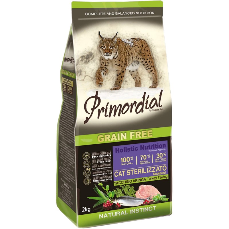 Купить Беззерновой корм Primordial (33/14) для стерилизованных кошек с индейкой и сельдью 2 кг Primordial в Калиниграде с доставкой (фото)