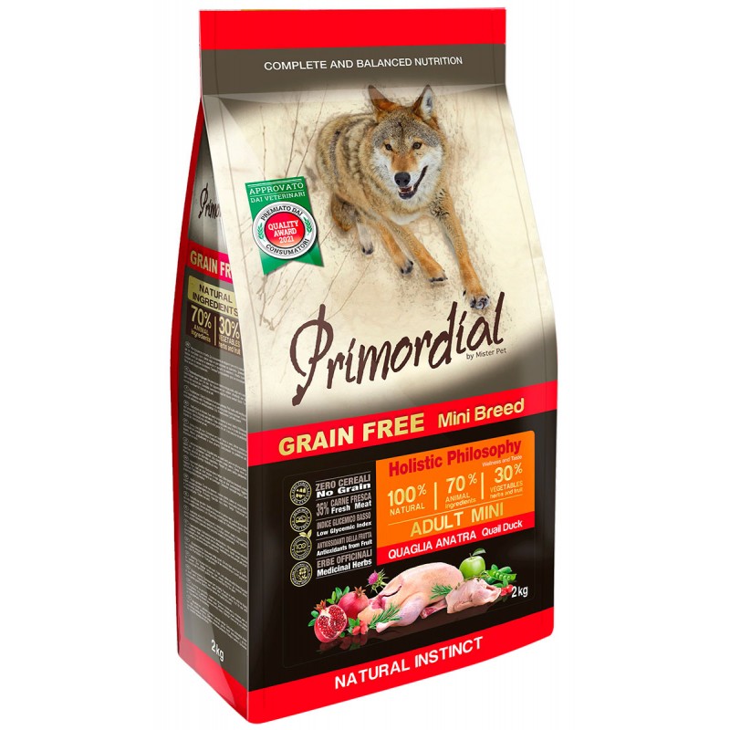 Беззерновой корм Primordial Grain Free Adult Mini Quail & Duck с перепёлкой и уткой для взрослых собак мелких пород 2 кг