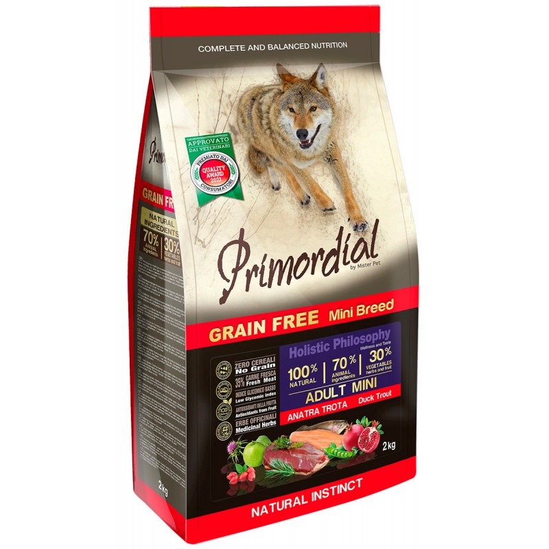 Беззерновой корм Primordial (Grain Free) Adult Mini Duck & Trout (30/20) с уткой и форелью для взрослых собак мелких пород 2 кг