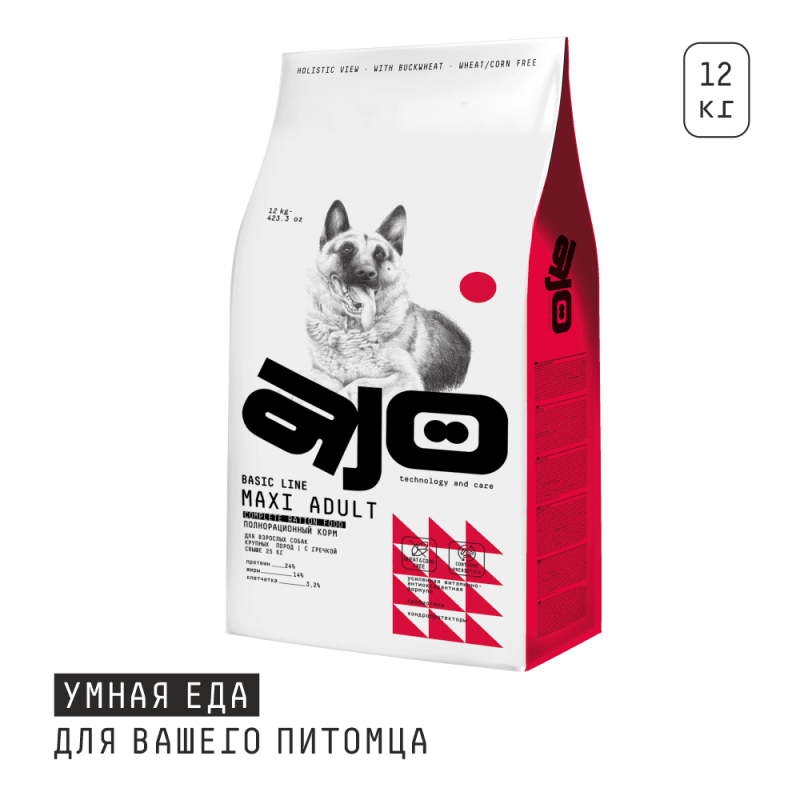Купить Сухой корм для взрослых собак крупных пород AJO BASIC LINE MAXI ADULT с олениной, индейкой и гречкой, 12 кг AJO в Калиниграде с доставкой (фото)