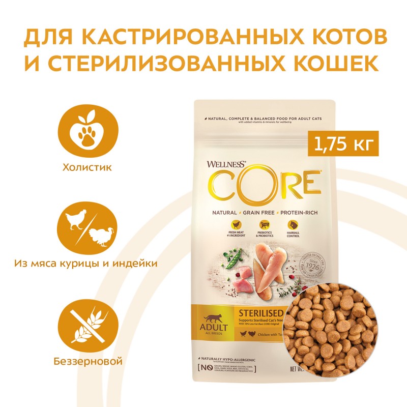 Сухой Беззерновой корм Wellness CORE Adult Cat STERILISED Chicken & Turkey Grain free из курицы с индейкой для стерилизованных кошек и кастрированных котов 1,75 кг