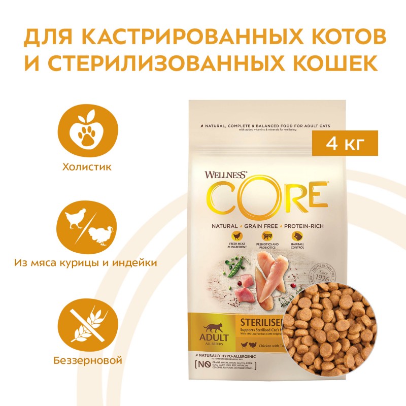 Сухой Беззерновой корм Wellness CORE Adult Cat STERILISED Chicken & Turkey Grain free из курицы с индейкой для стерилизованных кошек и кастрированных котов 4 кг
