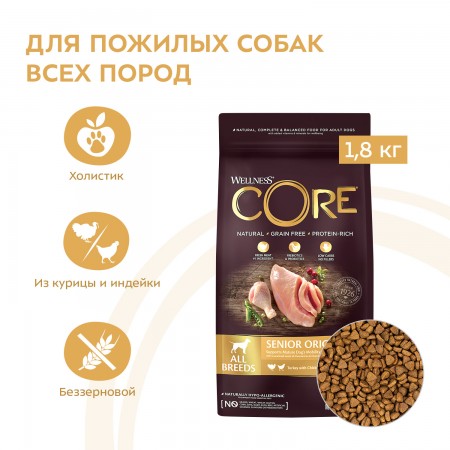 Беззерновой корм Wellness CORE из индейки с курицей для пожилых собак всех пород 1,8 кг