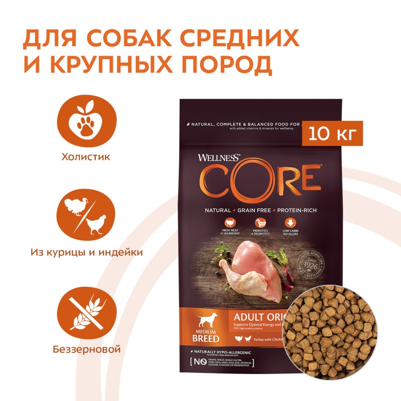 Купить Беззерновой корм Wellness CORE из индейки с курицей для собак средних пород 10 кг Wellness Core в Калиниграде с доставкой (фото)