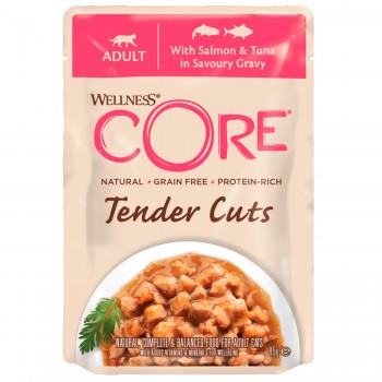 Беззерновые консервы для кошек Wellness CORE из лосося с тунцом в виде нарезки в соусе 85 г