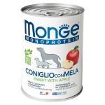 Монопротеиновые беззерновые безглютеновые консервы для собак Monge CONIGLIO, RISO e MELA Паштет из кролика с рисом и яблоками 400 гр