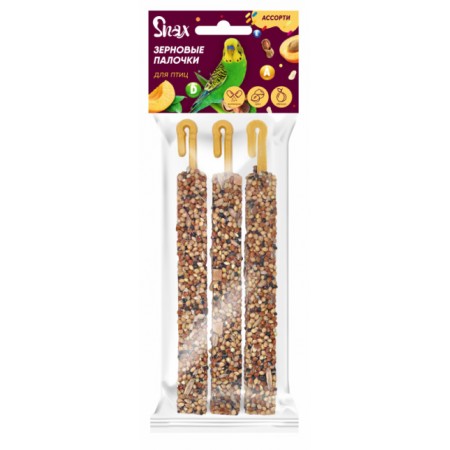 Зерновые палочки для птиц Snax ассорти – витамины и минералы, орех, абрикос, 3 шт., 75 г