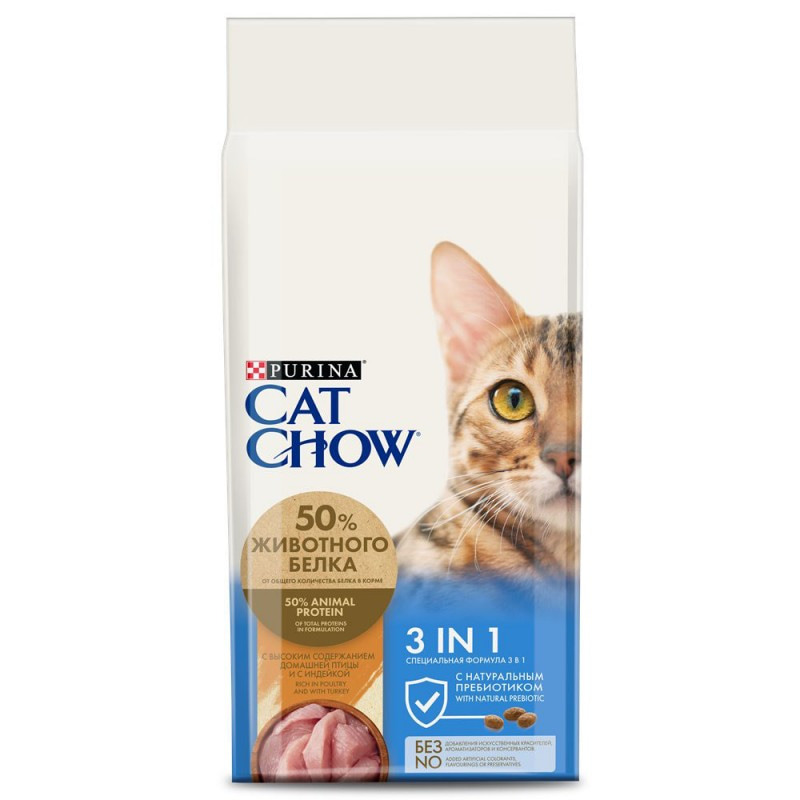 Корм сухой для кошек Purina CAT CHOW (Пурина КЭТ ЧАУ) "Feline", с формулой тройного действия, профилактика МКБ, зубного камня, вывод шерсти 15 кг
