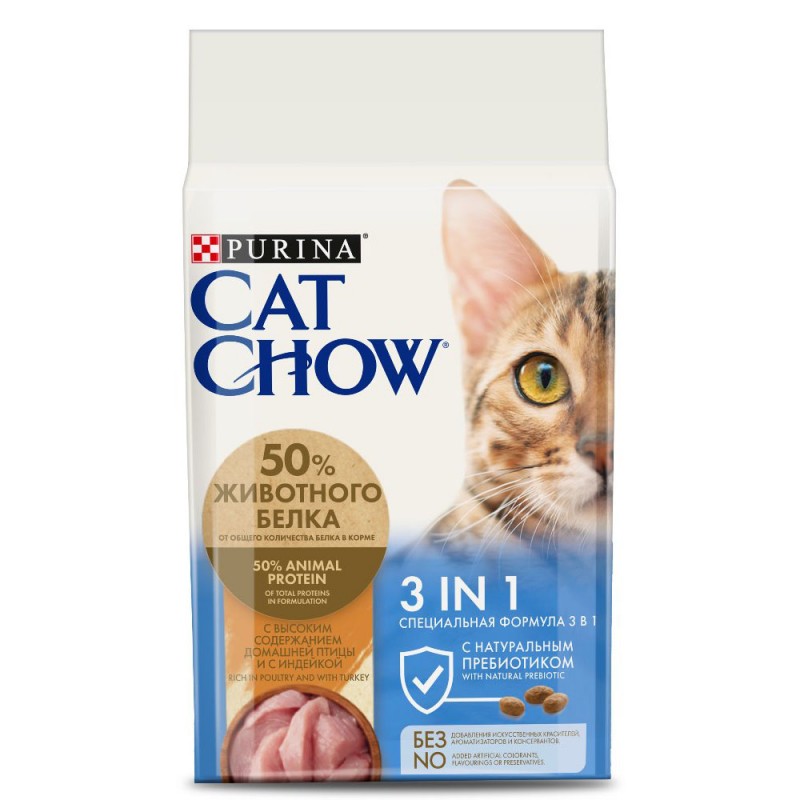 Корм сухой для кошек Purina CAT CHOW (Пурина КЭТ ЧАУ) "Feline", с формулой тройного действия, профилактика МКБ, зубного камня, вывод шерсти 1,5 кг