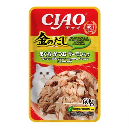 Влажный корм CIAO Kinnodashi для кошек Тунец Магуро и тунец Кацуо с сёмгой, пауч, 60 г