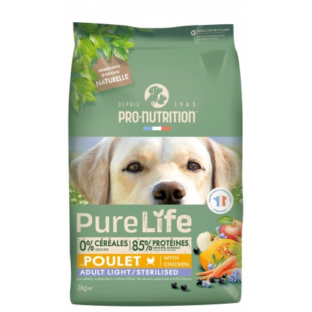 Pro-Nutrition Pure Life Light and/or Sterilized беззерновой холистик корм для стерилизованных собак, с курицей, 2 кг