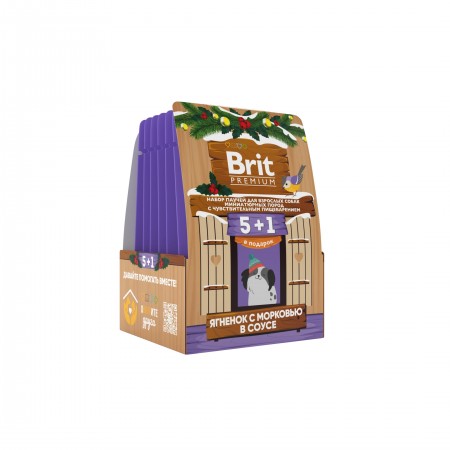 Консервы Brit Premium, Набор паучей 5+1, ягненок с морковью в соусе для собак мини-пород с чyвствительным пищеварением, кормушка, 6х85 гр