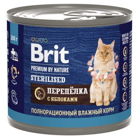 Brit Premium by Nature консервы с мясом перепёлки и яблоками для стерилизованных кошек, 200 гр