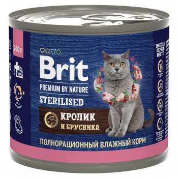 Brit Premium by Nature консервы с мясом кролика и брусникой для стерилизованных кошек, 200 гр