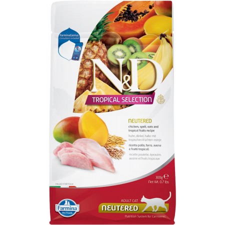 Farmina Cat N&D Tropical Selection Neutered Chicken низкозерновой корм для стерилизованных кошек, с курицей, спельтой, овсом, фруктами, 300 гр