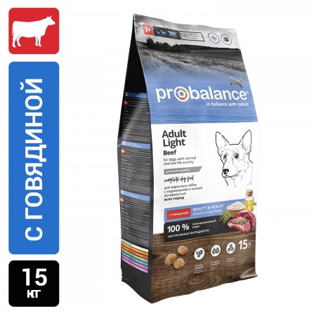 Сухой корм для собак с пониженной активностью Probalance Adult Light, контроль веса, с говядиной, 15 кг