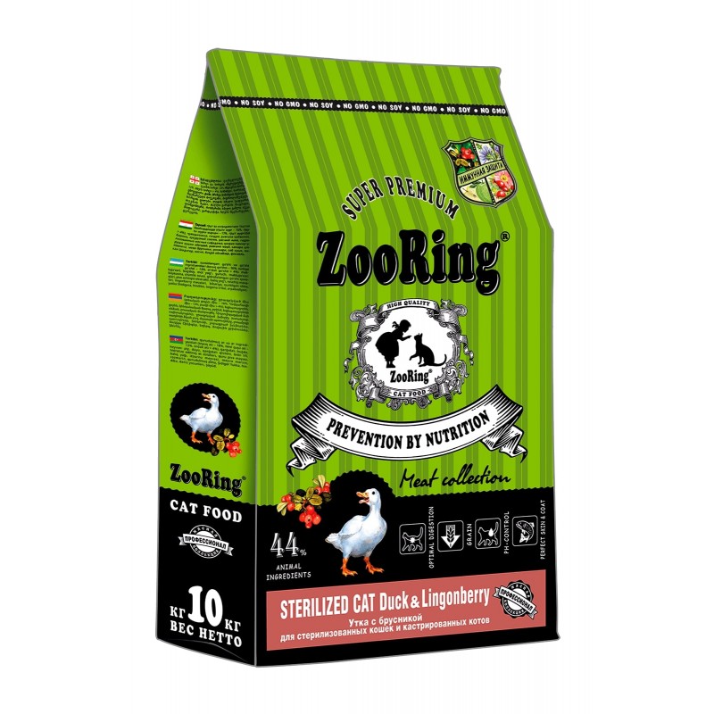 Купить Корм ZOORING Sterilized Cat Duck & Lingonberry для кастрированных котов, Утка с брусникой, 10 кг ZooRing в Калиниграде с доставкой. Категория ZooRing Купить Корм ZOORING Sterilized Cat Duck & Lingonberry для кастрированных котов, Утка с брусникой, 10 кг ZooRing в Калиниграде с доставкой (фото)
