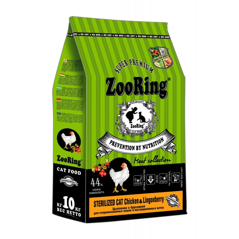 Купить Корм ZOORING Sterilized Cat Chicken & Lingonberry для кастрированных котов, Цыплёнок с брусникой, 10 кг ZooRing в Калиниграде с доставкой (фото)