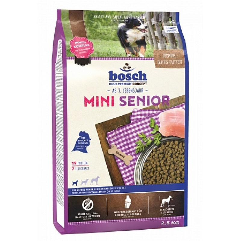 Сухой безглютеновый корм Bosch Mini Senior Бош Мини Сеньор для пожилых собак маленьких пород старше 8 лет 2,5 кг