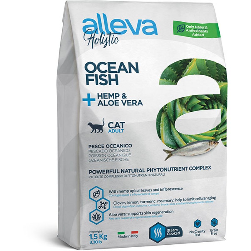 Alleva Holistic Ocean Fish + Hemp & Aloe vera Holistic Океаническая рыба, Конопля и Алое вера сухой корм для взрослых кошек 1.5 кг
