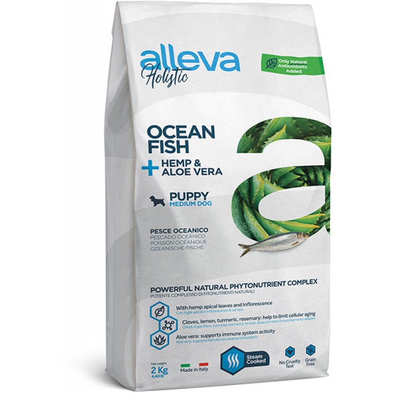 Alleva Holistic Ocean Fish + Hemp & Aloe vera Puppy Medium Holistic Океаническая рыба, Конопля и Алое вера сухой корм для щенков средних пород, беременных и кормящих сук 2 кг