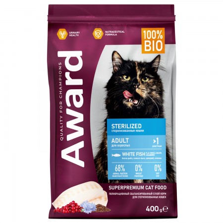 Сухой корм AWARD Sterilized для стерилизованных кошек с белой рыбой, льном, клюквой и цикорием, 400г