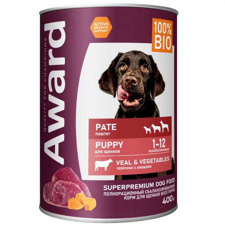 Беззерновые монобелковые консервы AWARD для щенков паштет из телятины с овощами, 400г