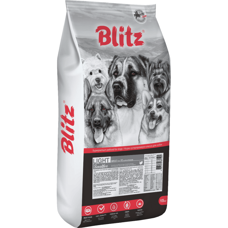 Blitz Sensitive Light сухой корм для взрослых собак с лишним весом 15 кг