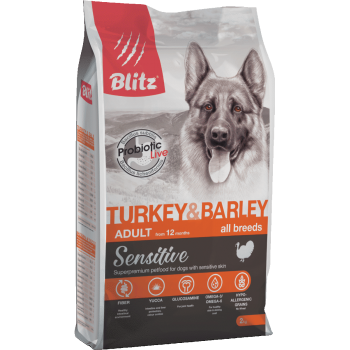 Blitz Sensitive с индейкой и ячменем сухой корм для взрослых собак всех пород 2 кг