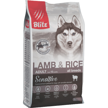 Blitz Sensitive с ягнёнком и рисом сухой корм для взрослых собак всех пород 2 кг