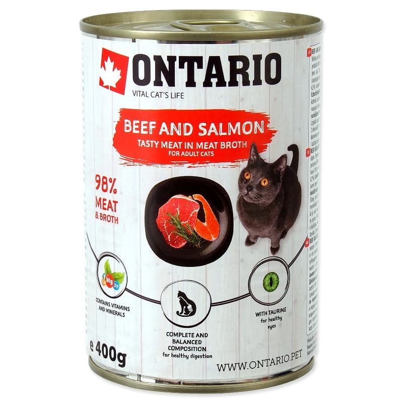 Влажный корм (консервы) для кошек с мясом говядины и лососем на масле подсолнечника Ontario konz. Beef, Salmon, Sunflower Oil 400 гр