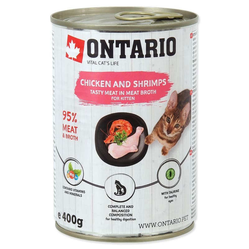 Влажный корм (консервы) Ontario Kitten Chicken & Shrimps with Rice & Salmon Oil для котят с мясом курицы, креветками и рисом на масле лосося 400 гр
