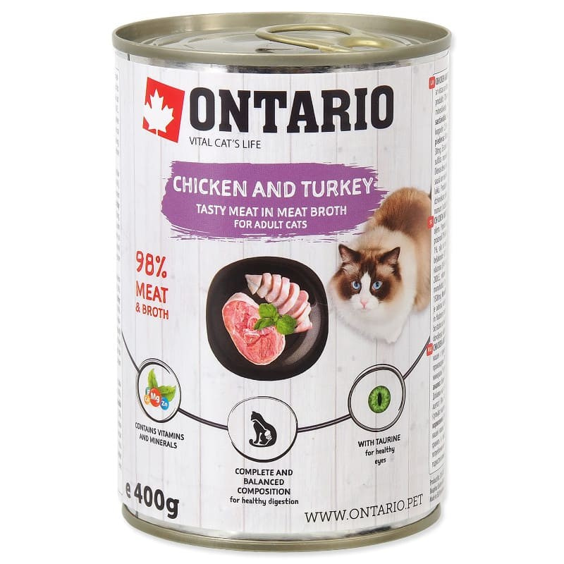 Влажный корм (консервы) Супер Премиум класса Ontario Chicken, Turkey, Salmon Oil для кошек с мясом курицы и индейки на масле лосося 400 гр