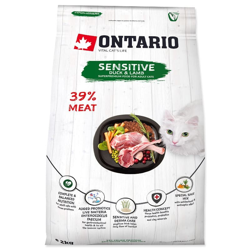 Сухой корм Супер Премиум класса Ontario Cat Sensitive & Derma для взрослых кошек с чувствительным пищеварением с мясом утки и ягненка 400 гр