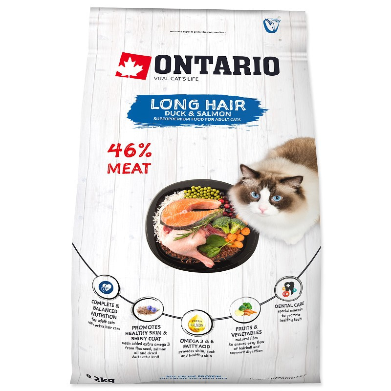 Сухой корм Супер Премиум класса Ontario Cat Longhair для длинношерстных взрослых кошек с мясом утки и лосося 400 гр