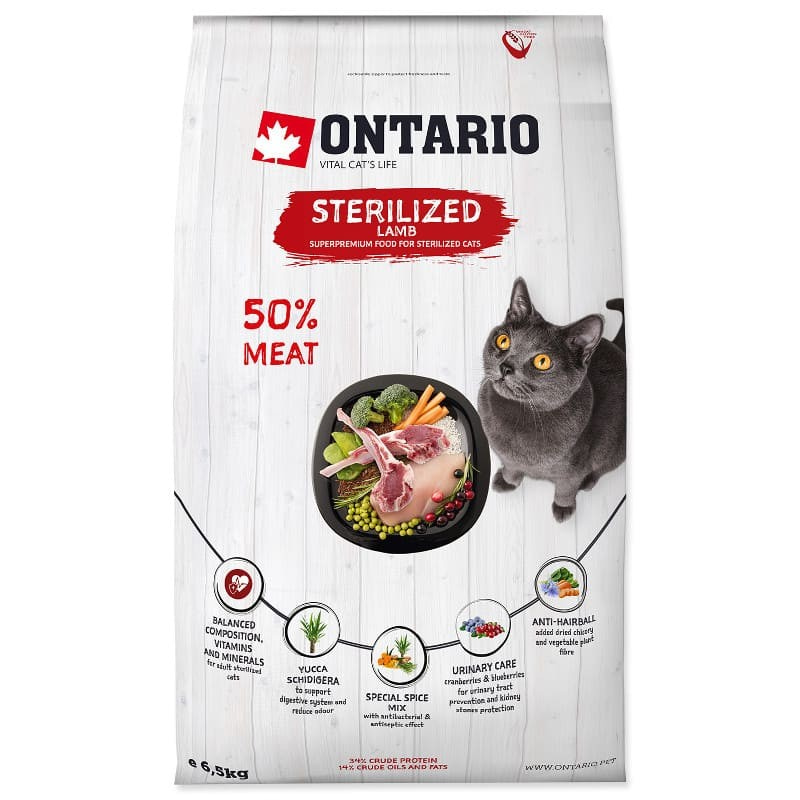 Сухой корм Ontario для стерилизованных кошек с мясом ягненка Cat Sterilised Lamb 6.5 кг