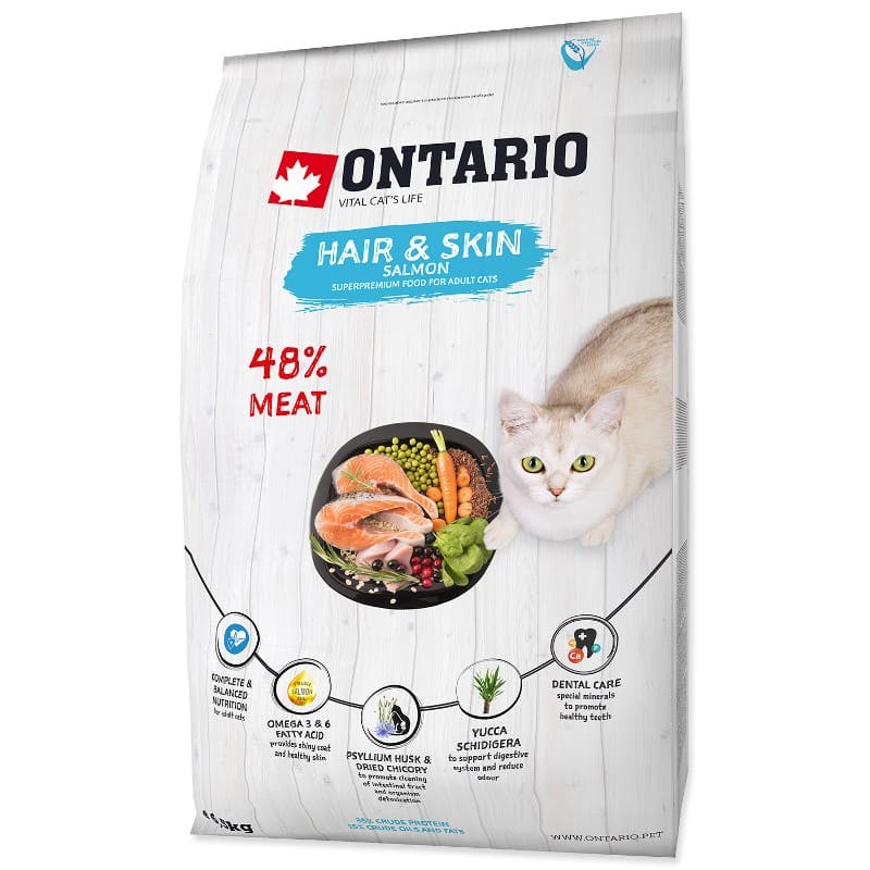 Сухой корм Супер Премиум класса Ontario Cat Hair & Skin для взрослых кошек с лососем для поддержания кожи и шерсти 400 гр