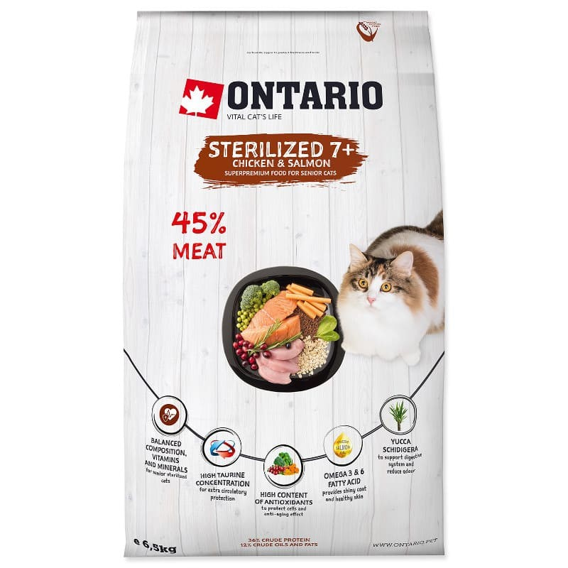 Сухой корм Супер Премиум класса Ontario Cat Sterilised 7+ для стерилизованных кошек старше 7 лет с мясом курицы и лосося 400 гр