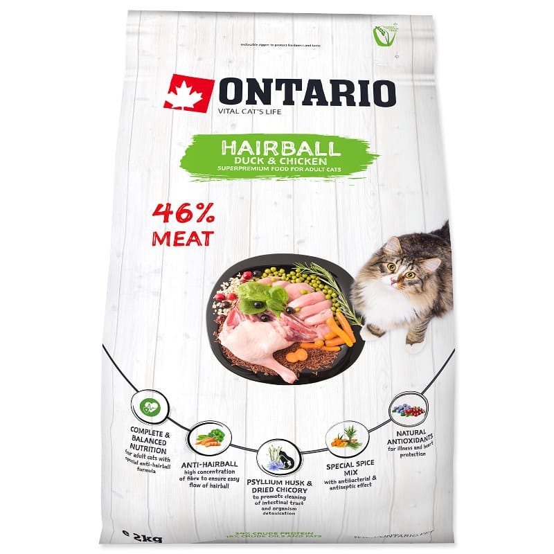 Сухой корм Супер Премиум класса Ontario Cat Hairball для вывода шерсти с мясом утки и курицы 400 гр