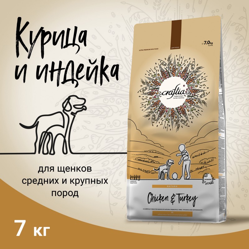 Купить Сухой ультрапремиум корм CRAFTIA NATURA для щенков средних и крупных пород из курицы и индейки 7 кг Craftia в Калиниграде с доставкой (фото)