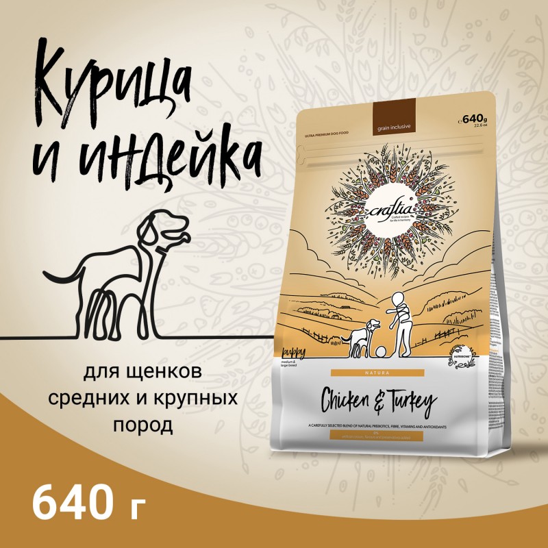 Купить Сухой ультрапремиум корм CRAFTIA NATURA для щенков средних и крупных пород из курицы и индейки 640 г Craftia в Калиниграде с доставкой (фото)