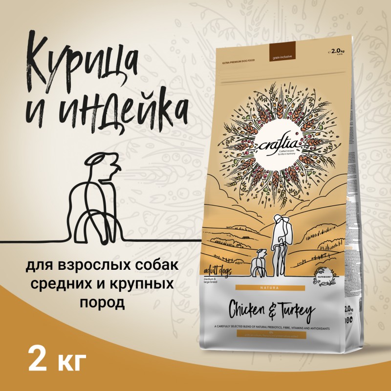 Купить Сухой ультрапремиум корм CRAFTIA NATURA для взрослых собак средних и крупных пород из курицы и индейки 2 кг Craftia в Калиниграде с доставкой (фото)