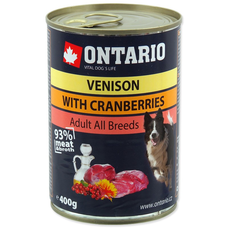Влажный корм ONTARIO Venison, Cranberries, Safflower Oil для взрослых собак всех пород и размеров с мясом оленины и клюквой на масле подсолнечника 800 гр