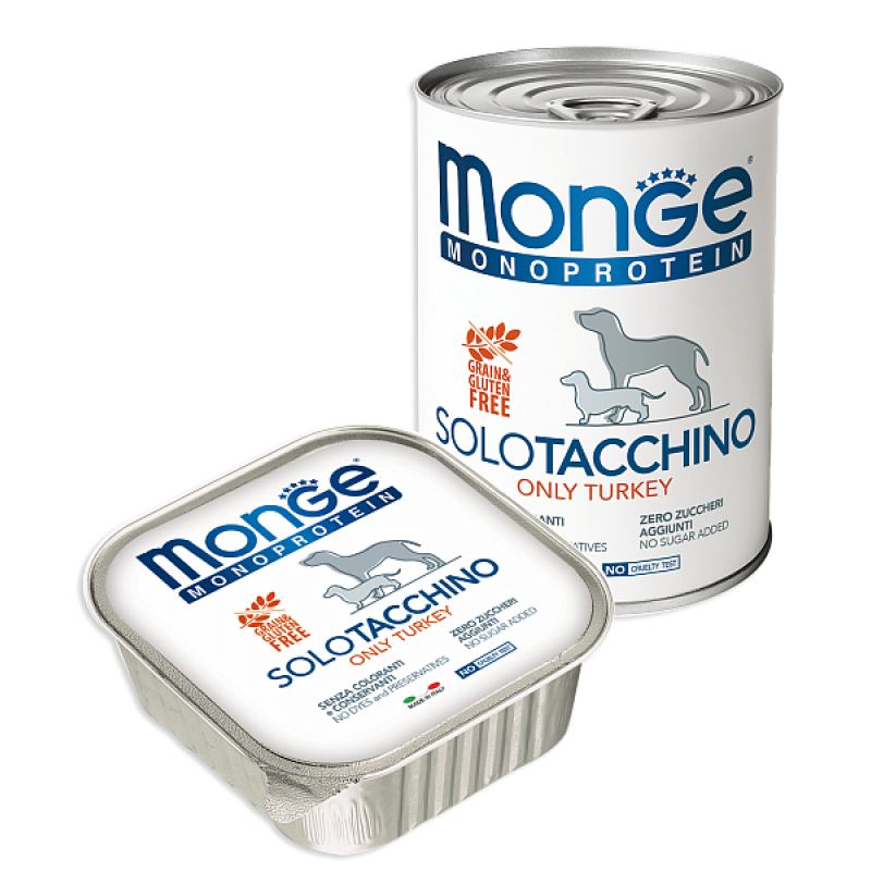 Монопротеиновые консервы для собак Monge "Monoproteico Solo", SOLO TACCHINO, Only Turkey, паштет из индейки, 400 г