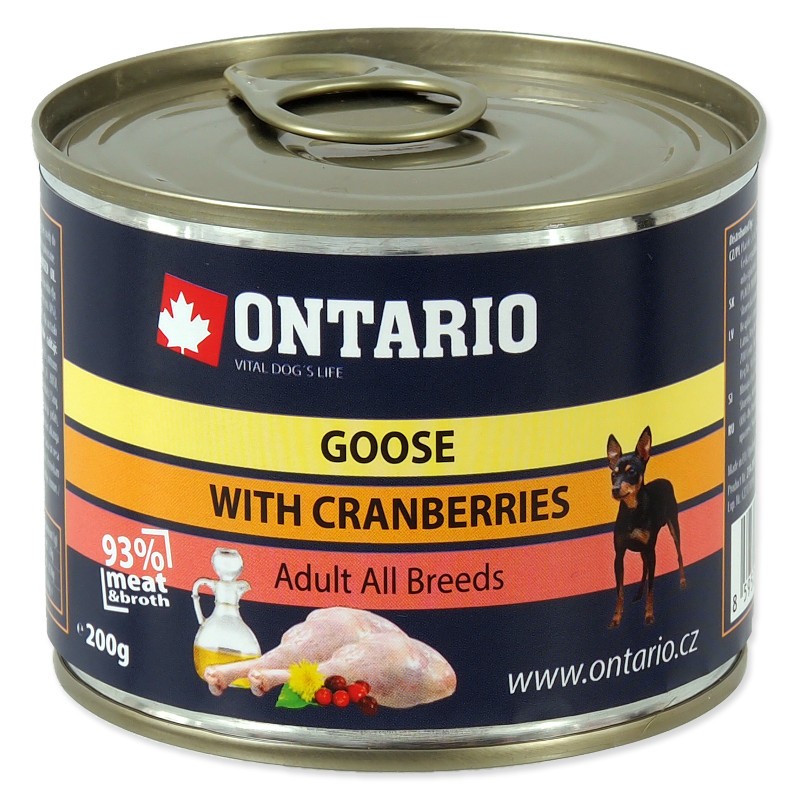 Влажный корм ONTARIO Goose, Cranberries, Dandelion and linseed oil для взрослых собак малых пород с мясом гуся, клюквой и листьями одуванчика на льняном масле 200 гр