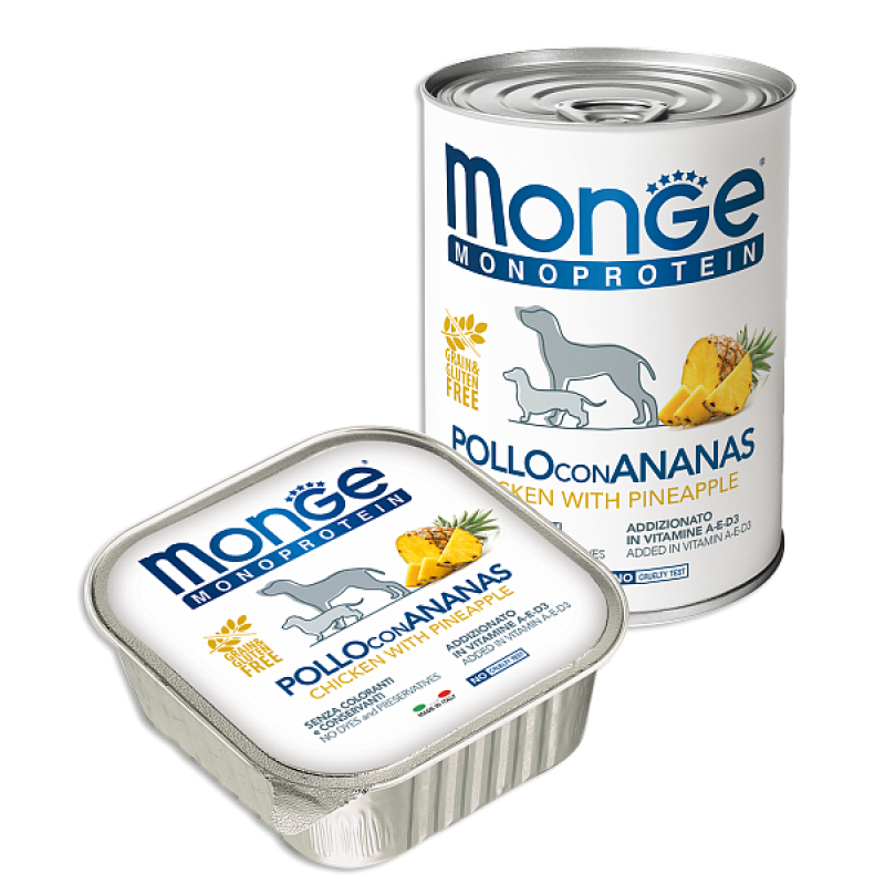 Монопротеиновые беззерновые безглютеновые консервы для собак Monge Monoprotein POLLO, RISO e ANANAS Паштет из курицы с рисом и ананасами 400 гр