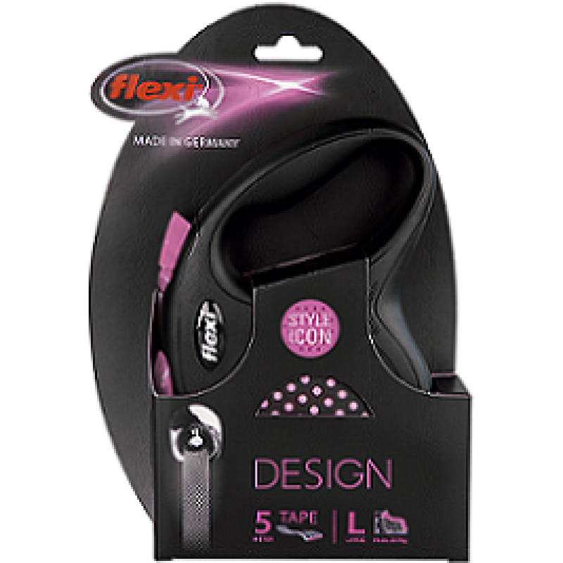 flexi рулетка Design L лента 5 м, для выгула собак весом до 50 кг, черный/розовый горох