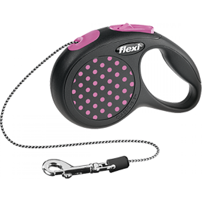 flexi рулетка Design XS 3 м трос, для выгула собак весом до 8 кг, черная/розовый горох